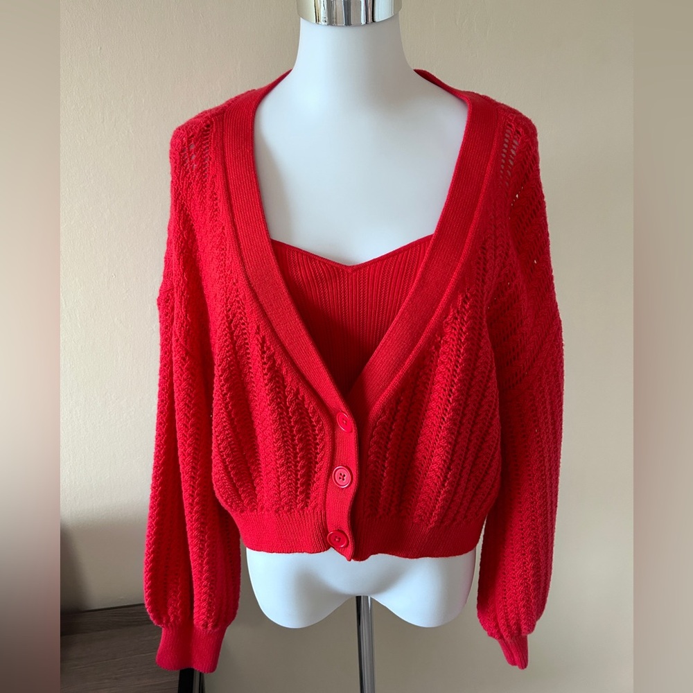 Alice + Olivia Windsor Deep V Slouchy Cable Knit Cardigan in Bright Poppy (red)